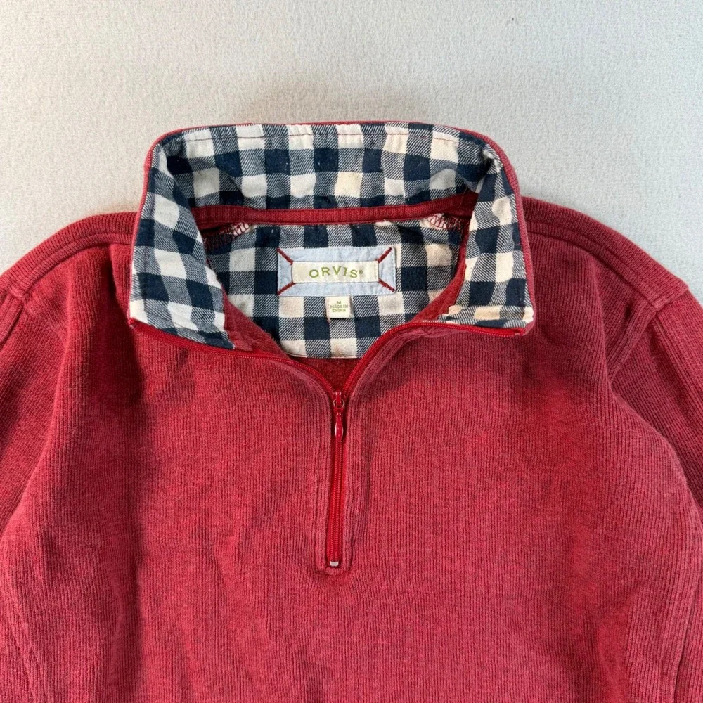 Orvis Mens Quarter Zip Pullover Sweater Red Gingham Trim Ribbed Knit Size M